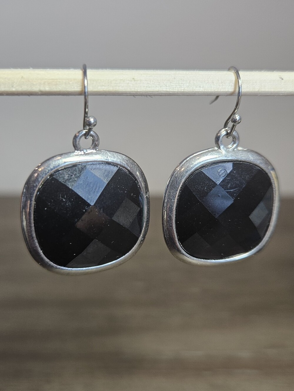 Cushion Cut Black Crystal Silver Tone Drop Earrings